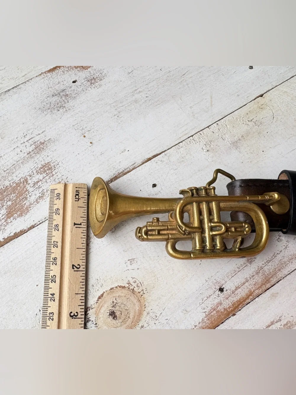 Vintage Baron solid Brass belt Buckle cornet trumpet music band 70s sz 34 belt